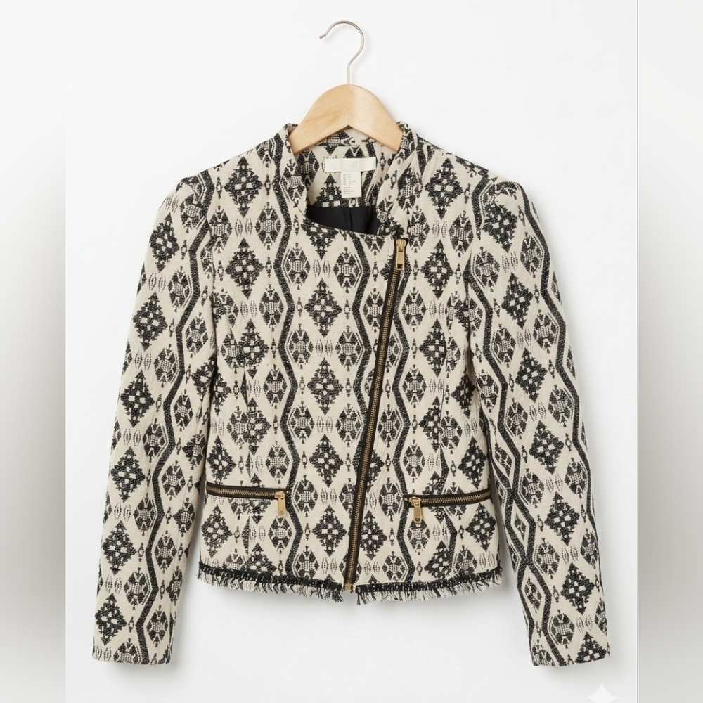 H&M Geometric Jacquard Moto Jacket - Black & White - Gold Hardware - 4